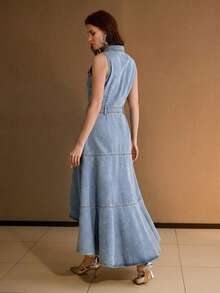 MOTF PREMIUM VESTIDO DE MEZCLILLA CON DOBLADILLO ASIMÉTRICO DE PARAGUAS SIN MANGAS PARA MUJER - Lavado ligero - Ver 3