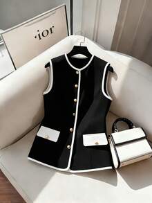 GlowEve Elegant Round Neck Contrast Color Pocket Button Decor Vest Waistcoat Women Thin Blazer - Black - View 1