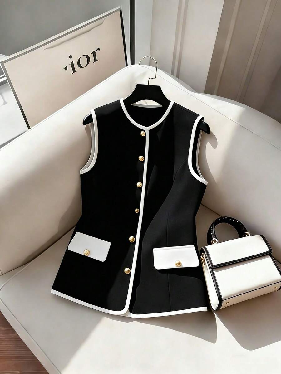 GlowEve Elegant Round Neck Contrast Color Pocket Button Decor Vest Waistcoat Women Thin Blazer - Black - View 1