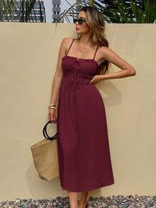 SHEIN Frenchy Women's Solid Color Oblique Pocket Casual Vacation Spaghetti Strap Mid-Length Dress - Dark Red - View 7