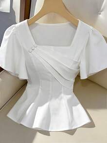 Modelyn 纯色独特方领花瓣袖褶皱腰身修身女式衬衫,商务休闲女式上衣,优雅正式女式上衣,S3433,女装白色上衣,女士礼服衬衫,新款优雅荷叶边上衣,女士正式服装白色衬衫,新款优雅毕业典礼女士白色上衣,法式风格束腰衬衫,女士婚礼衬衫,商务休闲女式上衣 - 白色 - 查看 4