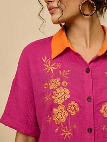 Travachic Gaun Patchwork Katun Kasual Ukuran Plus Motif Bunga Retro Bordir Hitam Kerah Kemeja Lengan Kelelawar - Hot Pink - View 3