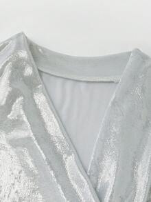 Franclia Fashionable Slim Fit V-Neck Unique Criss-Cross Pleated Short Sleeve T-Shirt Silver T Shirt Satin T Shirt Blouses For Women T Shirt Silk T Shirt Blouse For Women Silver T-Shirt Satin T-Shirt Yk2k Tops Silver Blouse Shimmer Blouse Womens Top - Silver - View 4