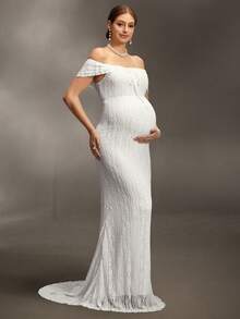 Cheriluna Maternity Đầm bầu trễ vai thanh lịch, chất liệu có họa tiết, thích hợp cho buổi chụp ảnh mùa hè. - Màu be - Xem 4