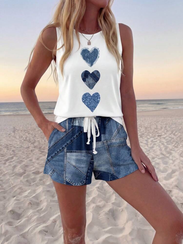 2pcs/Set Women Summer Sleeveless Round Neck Tank Top Suitable For Going Out,Casual