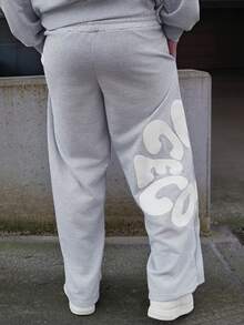 LEOGASHI LEOGASHI Pantalones de chándal casuales con cordón en la cintura y ajuste holgado con estampado de letras para hombre - Gris - Ver 2