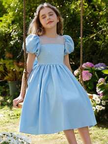 Glamorique Kids 2026新款少女时尚柔软蓬松面料夏季连衣裙，度假旅行必备，正式浅金色缎面短袖串珠泡泡裙摆派对礼服，假日优雅公主裙，适合婚礼、派对、舞台表演 - 藍色 - 查看 9