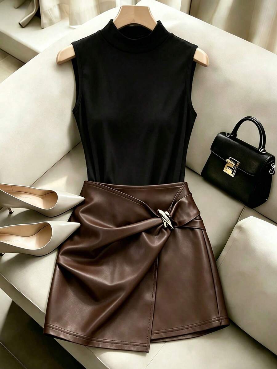 SHEIN Franclia Fashionable New High-Neck Sleeveless Slim-Fit Vest + Stylish Glossy Leather Irregular Skirt, Spring/Summer High-Waisted Slimming Bodycon Skirt With Decorative Buckles And Pleats, Women's Two-Piece Set, Elegant, Spring/Summer Outfit, Suitable For Outings, Vacations, Casual Wear, Y2K Style, Graduation Season, Fashionable Outfit, Versatile, Commuting, Sexy, Spring/Summer Black Top, Black Suit, Women's Spring/Summer Two-Piece Set.Graduation Season Attire, Fashionable Casual Commuter Wear, Business Office Wear, Versatile And Stylish Everyday Casual Wear, Urban Teacher's Professional Attire - Black - View 1