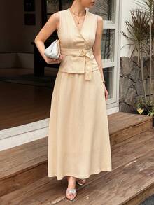 DAZY Bộ đồ 2 món bằng vải lanh tối giản phong cách vintage mùa xuân hè dành cho nữ, gồm áo không tay dáng rộng và chân váy dài. - Màu be - Xem 6