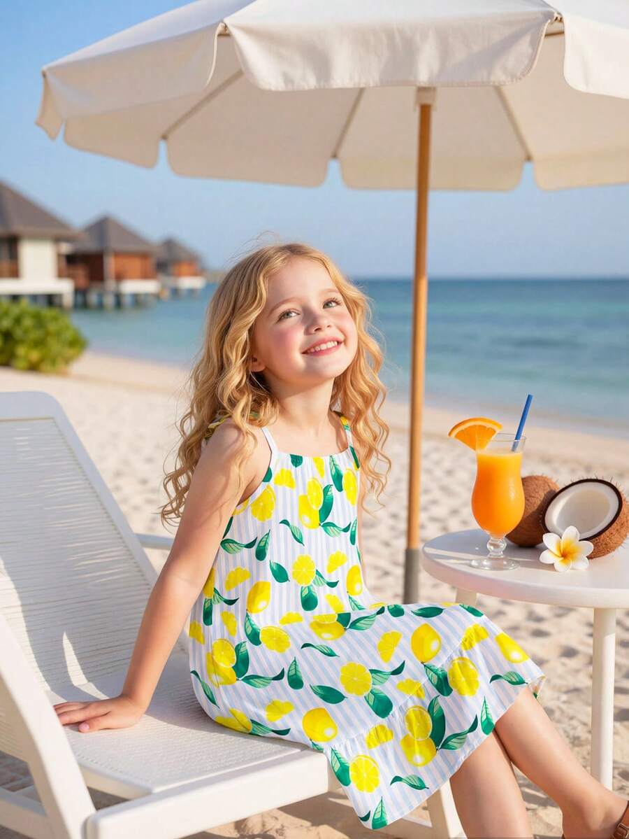 SHEIN 1 chiếc đầm không tay in hình chanh cho bé gái 4-7 tuổi, chất liệu nhẹ, màu sắc tươi tắn và dễ thương, phù hợp cho kỳ nghỉ biển/mặc thường ngày, mùa hè. - Nhiều màu - Xem 1