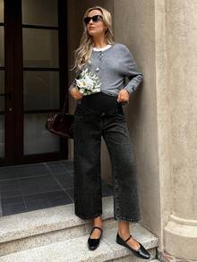 Quần jean denim thường ngày đa năng dành cho bà bầu, có túi và khuy cài, phù hợp để mặc hàng ngày. - màu đen - Xem 3
