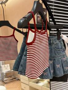 Retro Versatile Encore Red + White Striped, Contrast Print Pattern, Brown Tone, Young Girl Casual Minimalist Camisole Suitable For Summer, Cute Summer Outfits For Summer Kids Items, Summer Outing Items, Korean Style, Easy Comfort, Stylish Kids, Y2K, Kawaii, Party, Everyday, Vacation, Cute, Comfy, Summer 2026, Cottagecore, Weekend Casual, Family Outing, Photoshoot Outfits, Chill Chill, Baby & Kids Graphic Tops - Multicolor - View 5