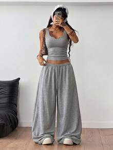 Coolane 女士夏季演唱会服装街头风Y2K休闲日常运动装辣妹风V领束身衣弹力背心和宽松低腰裤两件套 - 灰色 - 查看 5