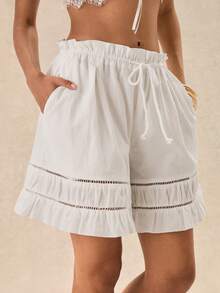 Easelle Quần short nữ dáng rộng, màu trơn, viền bèo nhún, thích hợp cho kỳ nghỉ, quần short trắng nữ, quần short viền bèo nhún, quần short nữ mùa hè, quần short nữ thường ngày. - trắng - Xem 5