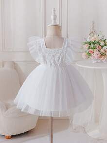 Glamorique Kids Đầm dự tiệc tay bồng bằng vải tuyn dệt jacquard mới cho bé gái mùa xuân/hè, họa tiết nơ 3D. - trắng - Xem 2