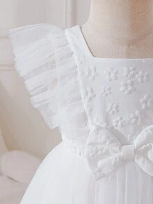 Glamorique Kids Đầm dự tiệc tay bồng bằng vải tuyn dệt jacquard mới cho bé gái mùa xuân/hè, họa tiết nơ 3D. - trắng - Xem 6