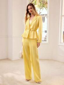 MOTF PREMIUM WOMEN'S LONG SLEEVE 100% LINEN CINCHED WAIST BLAZER, SUITABLE FOR DATES AND VACATIONS - Yellow - View 4