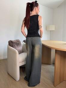 Abrilcols 秋季纯色酒红色水钻水晶无袖紧身优雅女士背心，适合派对、夜店、鸡尾酒会、宴会、夜间外出、舞会、约会、秋冬季叠穿 - 黑色 - 查看 2