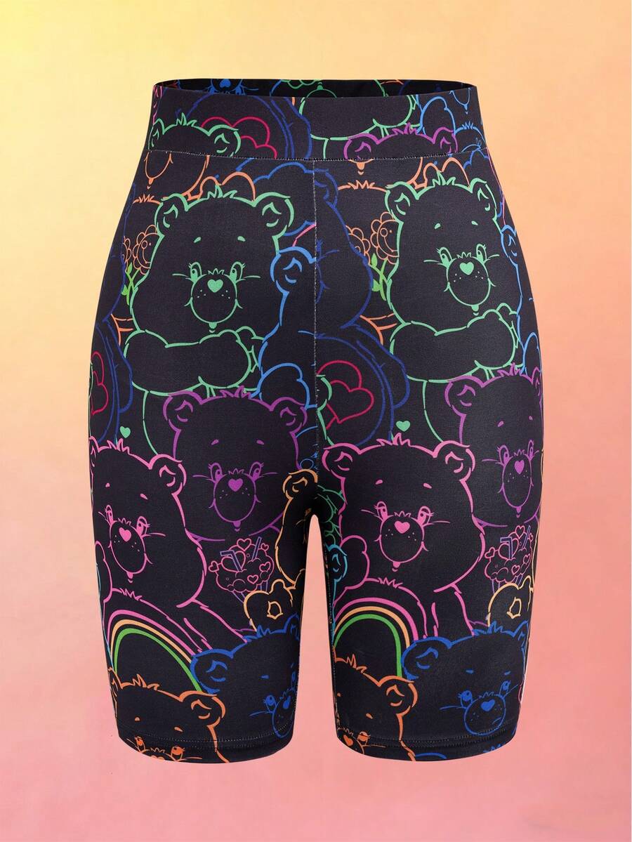 SHEIN X Care Bears 女士卡通印花弹力腰带打底裤 - 黑色 - 查看 1