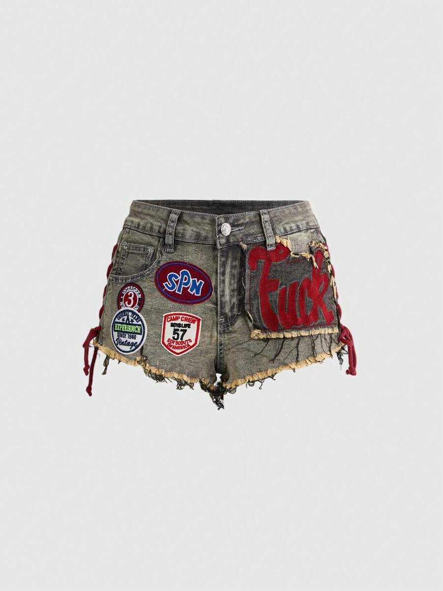 ROMWE Avant 女士Y2K复古运动芭蕾风图案刺绣抽绳低腰性感迷你牛仔短裤 - 淺灰色 - 查看 1