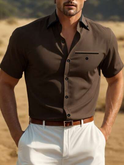 Manfinity Mode Áo sơ mi công sở tay ngắn màu trắng, thiết kế cổ áo tương phản độc đáo, tối giản và đa năng, phù hợp cho công sở hoặc mặc thường ngày.