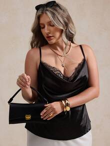 Elegantrix 优雅不对称蕾丝边缎面吊带背心 - 黑色 - 查看 1