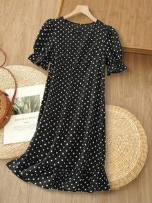 SHEIN RusticEase Đầm chấm bi nâu tay bồng dáng cánh hoa dành cho nữ cỡ lớn, thích hợp mặc mùa xuân, đi nghỉ mát. - Đen và trắng - Xem 9
