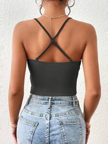 SHEIN Essnce Camiseta de tirantes cruzados plisada de unicolor, versátil y minimalista, para uso diario y vacaciones de verano de las mujeres - Gris Oscuro - Ver 2