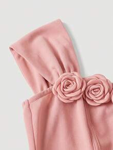SHEIN MOD 红色3D立体花朵褶皱修身抹胸中长连衣裙，适合秋季婚礼宾客、返校节、新年、情人节等场合。 - 粉色 - 查看 5