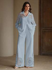 Anewsta 1 Set Front Button Hollow Long Sleeve Top And Slant Pocket Long Pants, Solid Color - Blue - View 4