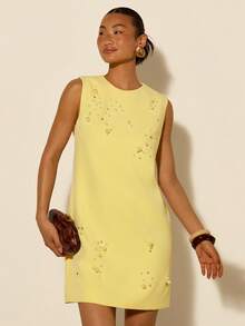 COSMINA Women's Elegant Sleeveless Round Neck Pearl Decor Versatile Mini Dress, Suitable For Spring/Summer Outings, Dates, Commuting, Office, Spring - Light Yellow - View 1