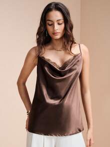 Rafferiza Áo hai dây bằng ren satin thanh lịch dành cho nữ màu đen - Cà phê nâu - Xem 4