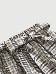 Sweetness 复古少女棕色格子蝴蝶结腰超低腰迷你裙 - 棕色 - 查看 3