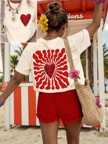 Plus Size Graphic Tee, Streetwear Style Short Sleeve T-Shirt, Cute Summer Top - Apricot - View 3