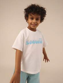 SUMWON Oversized Boys Two Piece Set Summer Casual Graphic Print Short Sleeve T-Shirt With Light Blue Relaxed Fit Pants - Multicolor - View 5