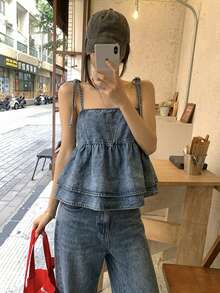 FRIFUL Women's Vacation Ruffle Hem Camisole And Wide Leg Jeans Casual Suit - Light Wash - View 2