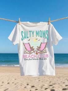 INAWLY Salty Moms Beach Club Print Summer Vacation T-Shirt - White - View 3