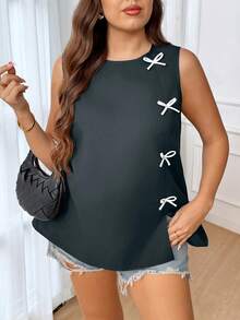 CosyJoli Plus Size Women Summer Casual/Work Sleeveless Top With Contrast Color Bow Decor - Dark Grey - View 5