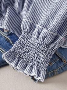 CosyJoli 大码女式休闲上衣，条纹衬衫，春夏长袖上衣，蓝色休闲女装，适合户外穿着的可爱夏季上衣。 - 藏蓝色 - 查看 4