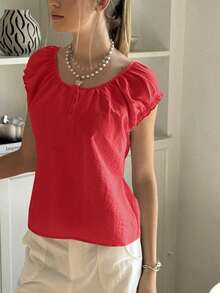 SHEIN Bubbli Áo thun nữ cổ bèo màu trơn kiểu dáng thường ngày - Đỏ - Xem 6