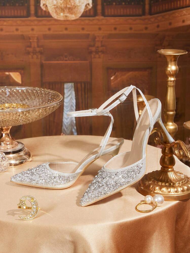 CUCCOO TILAWA Women's Pointed Toe Rhinestone Embellished Stiletto Heels, Sexy & Fashionable Ankle Strap Party/Club Pumps