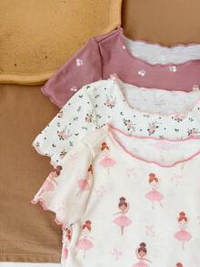 SHEIN LMoss Kids Conjunto de pijama infantil Dozemod para menina, com estampa fofa de urso de desenho animado e flores, blusa de manga curta com gola redonda e calça, 6 peças, casual e confortável, em malha. - Multicolorido - Ver 6