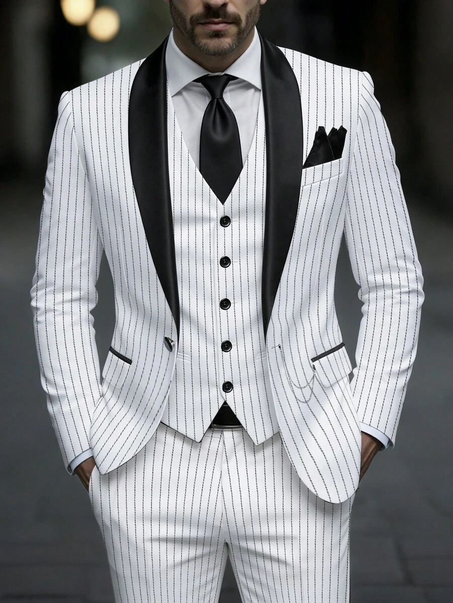 Manfinity Mode 男士英伦风绅士派对宴会休闲撞色立领条纹印花西装外套和裤子套装 - 白色 - 查看 1