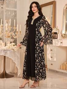 Al Najma Vestido de mujer elegante con cuello en V, volantes y cinta de gasa con estampado - Negro - Ver 6