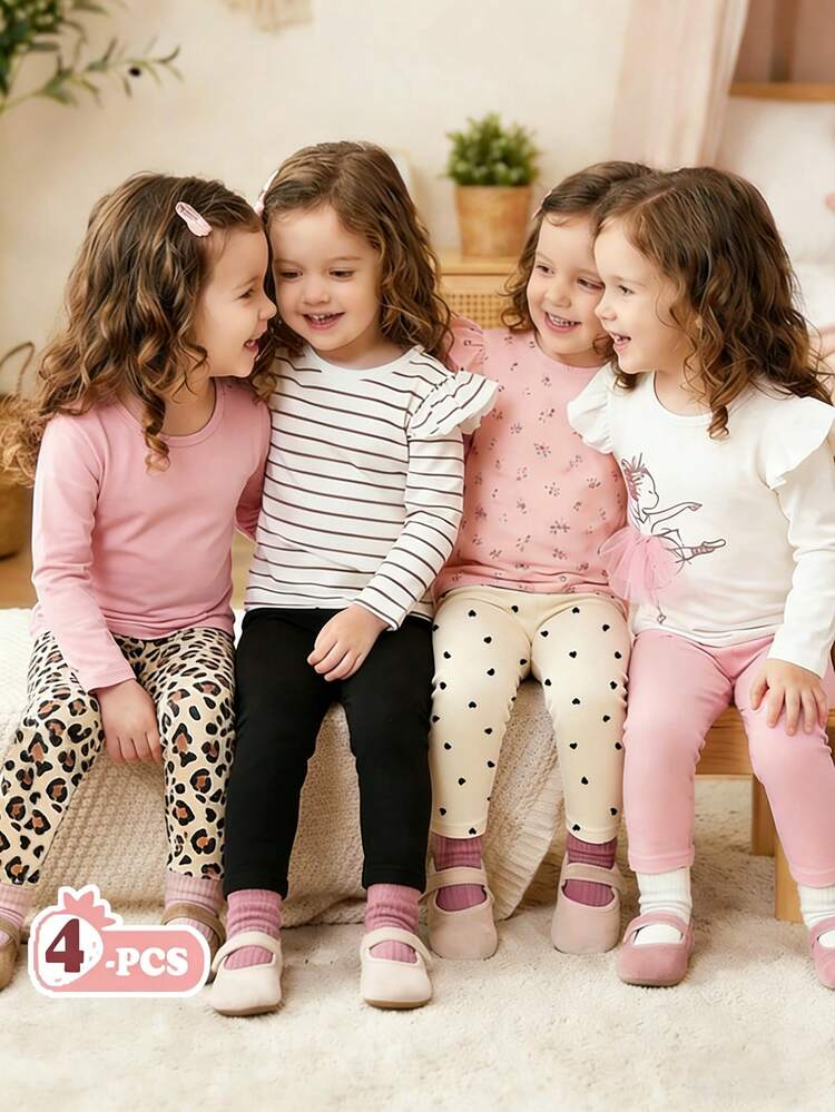 Souflis Souflis 4 piezas Conjunto de leggings/pantalones/mallas de cintura elástica de unicolor para niña bebé, con diseño de estampado de leopardo y corazón, atuendos de primavera/verano, vibraciones de primavera, vibraciones de verano, atuendos de primavera y verano, comodidad fácil, conjunto de niña con estilo, ropa casual, ropa gráfica floral para niños, conjunto de primavera y verano, nuevo estilo, relajado, vibraciones de primavera relajado vacaciones de verano - Multicolor - Añade 3