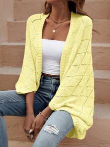 SHEIN LUNE Cárdigan de punto holgado con diseño hueco y mangas tipo murciélago, adecuado para vacaciones, playa, festivales de música - Amarillo - Ver 6