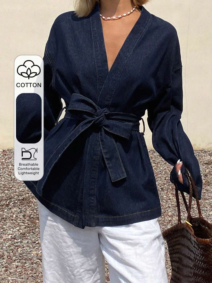 Cotton Blue Tie-Front Crossover Collar Denim Blouse, Suitable For Commuting & Office, Summer - Blue - View 1