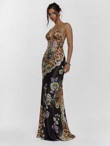 MUSERA Đầm maxi ôm sát họa tiết da báo, dây buộc phía trước, chi tiết cúp ngực, gợi cảm cho mùa thu, đi chơi đêm, phong cách đường phố dễ thương, dự tiệc, thanh lịch, mùa xuân hè, kỳ nghỉ. - màu nâu - Xem 5