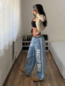 StreetHx Women's Fashionable Casual Sporty Printed Wide Leg Straight Jeans - Light Wash - View 9