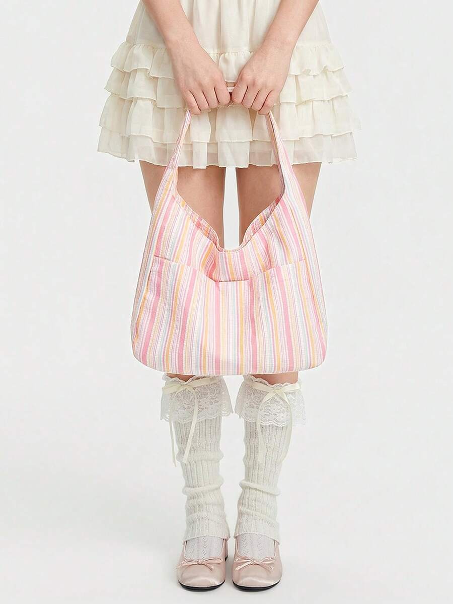 ROMWE Kawaii Túi tote vải cỡ lớn dành cho nữ, túi đeo vai, túi xách vải kẻ sọc kiểu dáng thường ngày, màu hồng. - Hồng - Xem 1